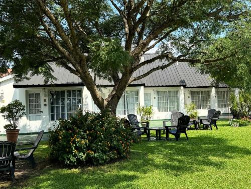 een groep stoelen rond een tafel onder een boom bij Bungalows Bella Vista in Federación