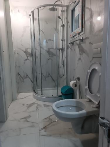 a bathroom with a shower and a toilet in it at Locazione turistica 2 in Tessera