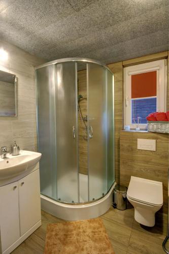 a bathroom with a shower and a toilet and a sink at Domki Pod Kamieniem in Podgórze