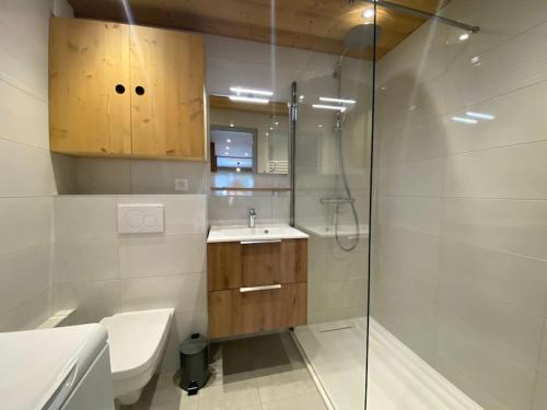 une salle de bain avec une douche, des toilettes et un lavabo dans l'établissement Veronica 53, T2 avec coin montagne - Multipass inclu, à Châtel