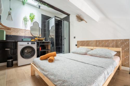 - une chambre avec un lit et un lave-linge dans l'établissement Le Ubud Goa cosy, à Marseille
