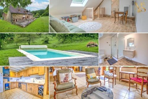 un collage de photos d'une maison avec une piscine dans l'établissement Aux Cotés des Chenes Piscine et Nature, à Saint-Paul-la-Roche