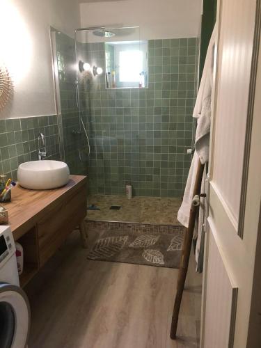 une salle de bain avec une douche avec un lavabo et un miroir dans l'établissement Maison 17 couchages en Normandie à 1h de Paris, à Molincourt