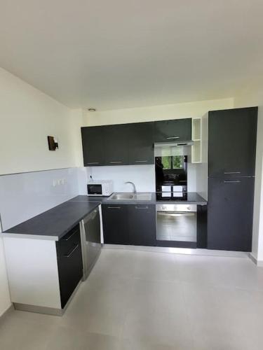 une cuisine avec comptoirs et appareils en noir et blanc dans l'établissement T5 - Coup de Soleil, à Juvignac