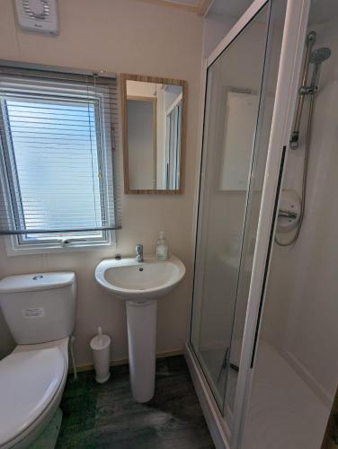 ein Badezimmer mit Toilette, Waschbecken und Dusche in der Unterkunft LOVELY BRIGHT MODERN CARAVAN SWANAGE on PEACEFUL AND TRANQUIL HOLIDAY PARK in Swanage