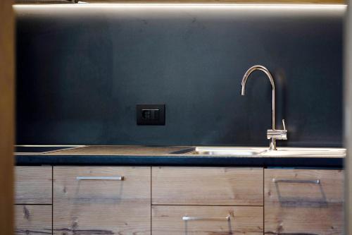 a kitchen with a sink and a blue wall at Villa Kriendl Nr 4 Dreifinger in Valdaora