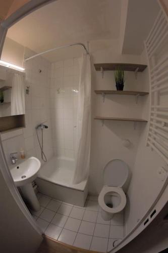 une salle de bain blanche avec des toilettes et un lavabo dans l'établissement Nice studio near Disneyland and Paris with Parking, à Bussy-Saint-Georges