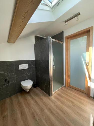 une salle de bain avec toilettes et douche en verre dans l'établissement Gîte 5 personnes, à Le Bonhomme