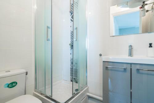 une salle de bain avec une douche, des toilettes et un lavabo dans l'établissement Appartement au cœur de Paris Montparnasse, à Paris
