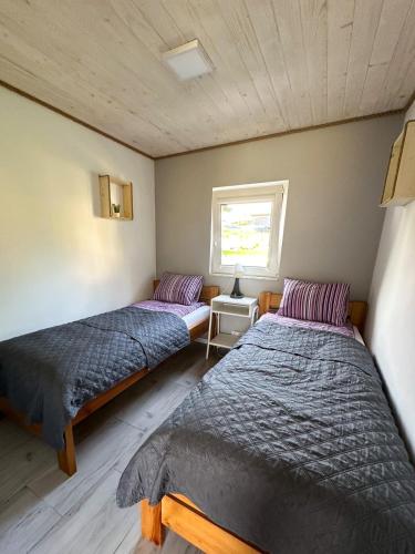 two beds in a small room with a window at BiesCzadowa Dolina in Ustrzyki Dolne