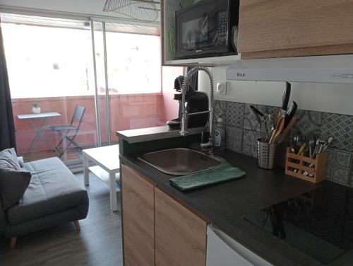 une cuisine avec un évier et un micro-ondes dans l'établissement Petit nid d’amour, au Cap d'Agde
