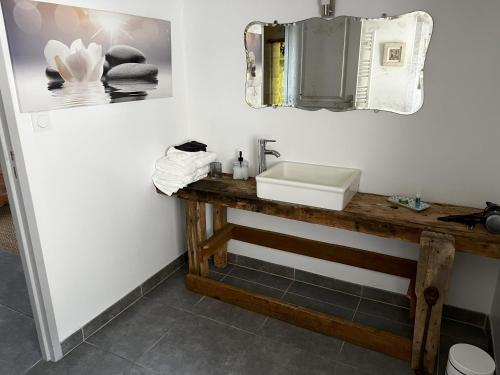a bathroom with a sink and a mirror on the wall at Beaulieu La Source in Saumur