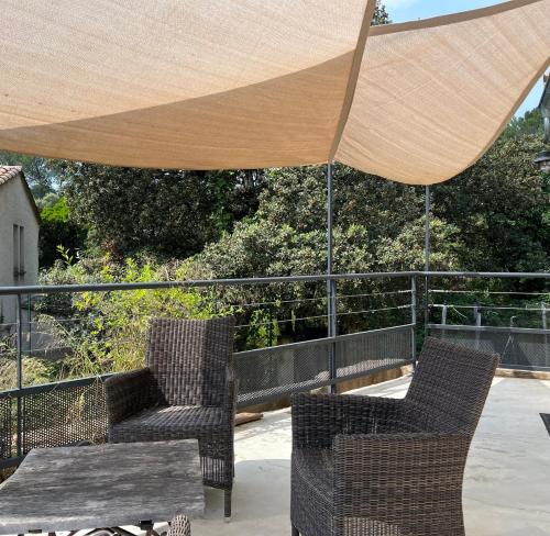 a patio with two chairs and a table and an umbrella at Villa Pierre Blanche le calme a 5mn du centre ville in Nîmes