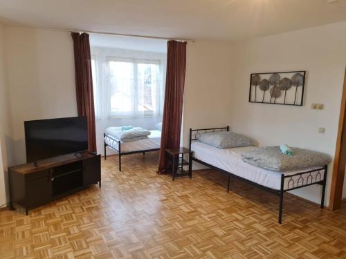 a living room with two beds and a flat screen tv at Promotion Prices Monteurwohnung nahe Pforzheim und Karlsruhe in Birkenfeld