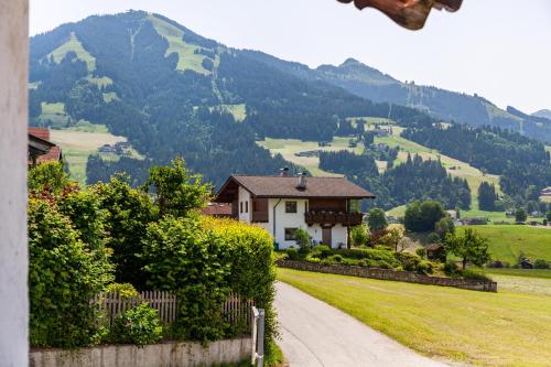 a house on the side of a road with a mountain at Feichtenhäusl app 2 in Westendorf