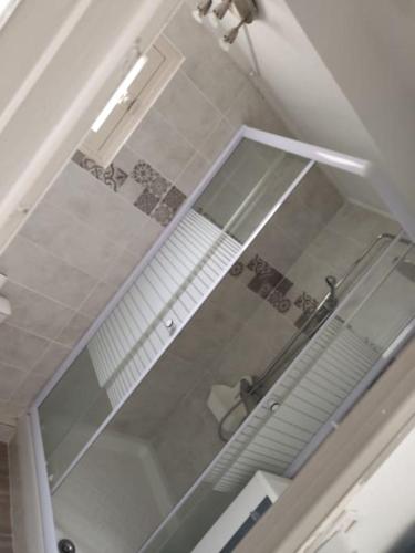 La salle de bains est pourvue d'une cabine de douche et de toilettes. dans l'établissement Gruissan plage des chalets petit logement en rdc, à Gruissan