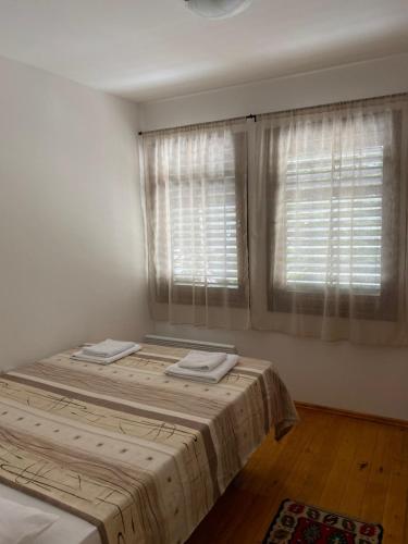 a bedroom with two beds and two windows at Apartman Plužine in Plužine