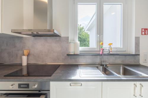 a kitchen with a sink and a window at Dat witte Hus am Friedrichberg in Husum