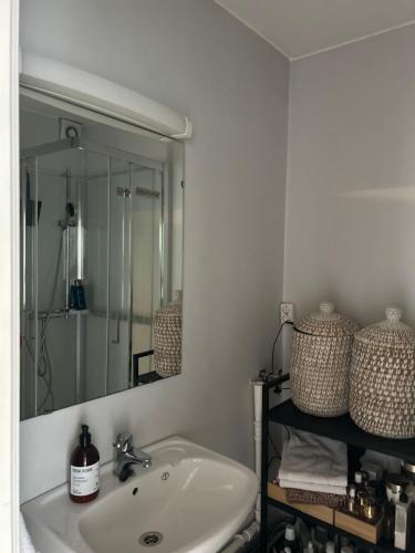 a bathroom with a sink and a mirror at Fornebu Holtekilen panorama in Stabekk