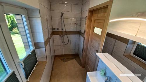 a bathroom with a shower and a sink at Dom Colonia in Żarnowska