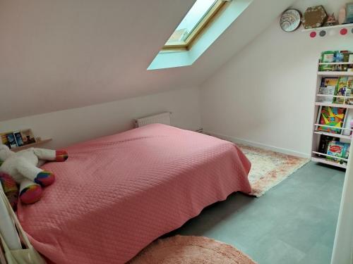 - une chambre avec un lit rose et une fenêtre dans l'établissement Coccinelle, à Montataire