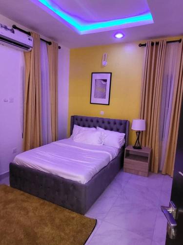 a bedroom with a bed with a purple light on it at Eco Luxury Apartment in Lekki