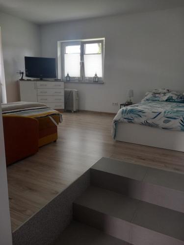 a bedroom with two beds and a television in it at Domek Pod Prehybą -Agroturystyka in Gaboń