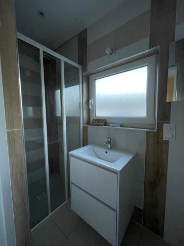 a bathroom with a sink and a shower and a window at Le nid des hirondelles in Cucq