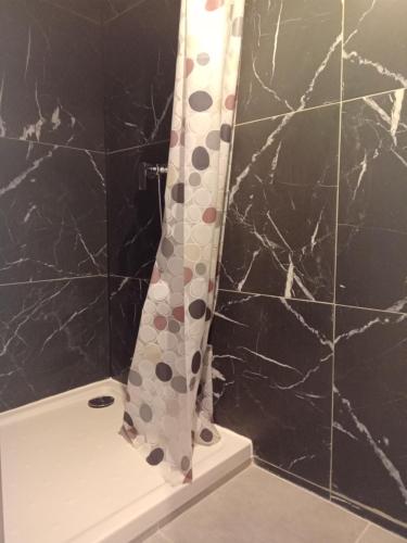 - un rideau de douche avec des points polka dans la salle de bains dans l'établissement L'entre deux, à Entrelacs