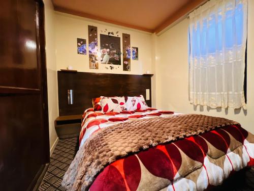 a bedroom with a bed with a red and brown blanket at Monoambiente Acogedor in La Paz
