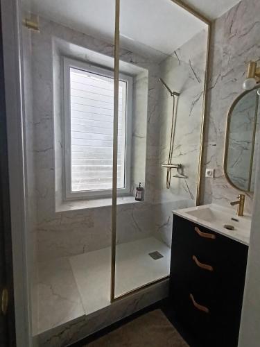 une salle de bain avec une douche et un lavabo et une fenêtre dans l'établissement Escale Côte d'Amour, à Pornichet