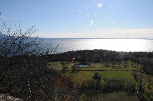 an aerial view of a field and a body of water at Residence Boschetti in Manerba del Garda