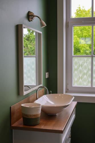 une salle de bain avec un lavabo et deux fenêtres dans l'établissement Appartement Le Télégraphe, à Cassel