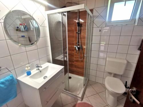 a bathroom with a shower and a sink and a toilet at Németh Apartmanház in Balatongyörök