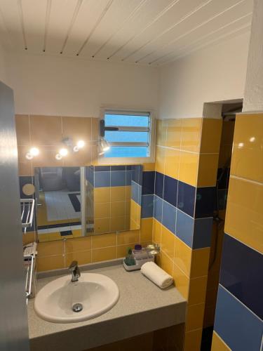 a bathroom with a sink and a mirror at Le Blue Dream- Appartement in Grand-Bourg