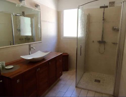 un bagno con lavandino e doccia con specchio di Villa avec vue sur la mer à Sari-Solenzara, piscine privée a Sari Solenzara