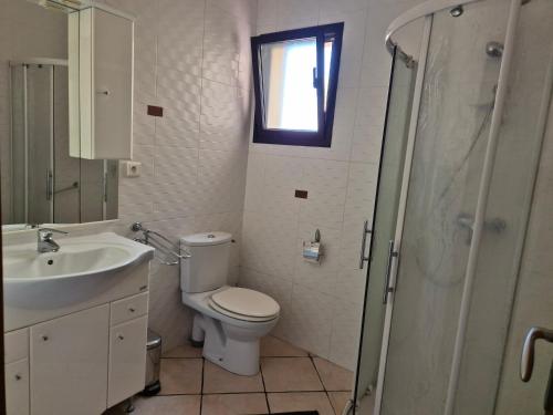 une salle de bain avec toilettes, lavabo et douche dans l'établissement Joli appartement climatisé avec terrasse à moin 10 minutes à pieds de la plage, à Calvi