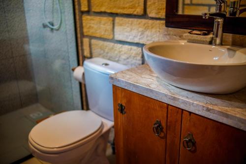 a bathroom with a sink and a toilet at Pousada Equilíbrio dos Canyons in Praia Grande