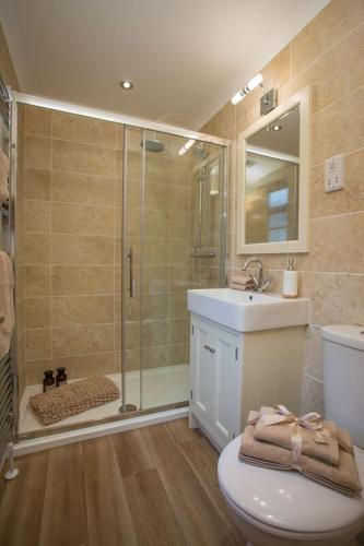 a bathroom with a shower and a toilet and a sink at Cairn Lodge in Coldingham