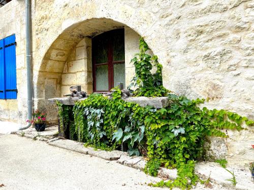 a stone building with a window and ivy at Moulin la vergne in Champagne-et-Fontaine