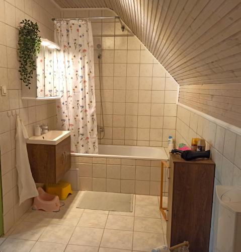 a bathroom with a tub and a shower and a sink at Zöldike apartman Tiszafüred in Tiszafüred
