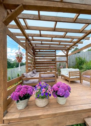 a wooden deck with three potted flowers on it at Agroalpaka Mazury in Mrągowo