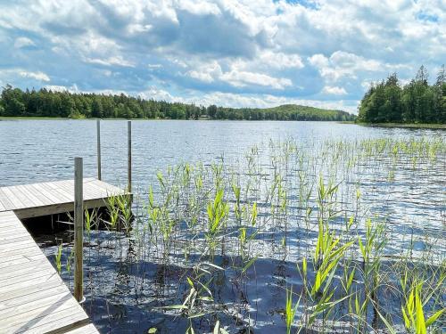 a dock on a large lake with weeds in the water at 4 star holiday home in Osby in Osby