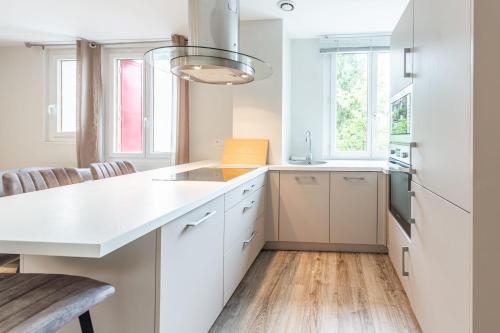 une cuisine avec des placards blancs et un îlot de cuisine dans l'établissement RIO Appartement au centre ville, à Annecy