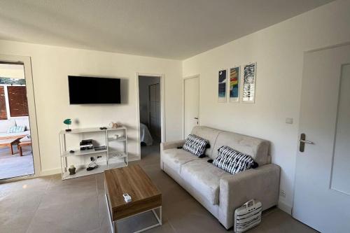 un salon avec un canapé et une télévision à écran plat dans l'établissement Le Poséidon T2 Vue mer, à Carry-le-Rouet