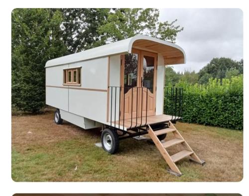 a tiny house on a trailer with a ladder at La roulotte des Trois Arbres in Oradour-sur-Glane
