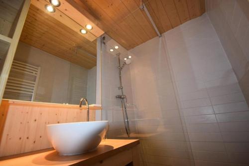 La salle de bains est pourvue d'une douche et d'un lavabo. dans l'établissement Résidence Le Nanda Devi - 2 Pièces 5 pers - LE NANDA DEVI - PLAGNE CENTRE -wifi MAE-8894, à Aime La Plagne