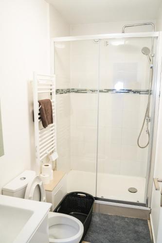une salle de bain blanche avec douche et toilettes dans l'établissement Qhome 2 - T2 Cosy entre Paris et Disney - Parking privé, à Villiers-sur-Marne