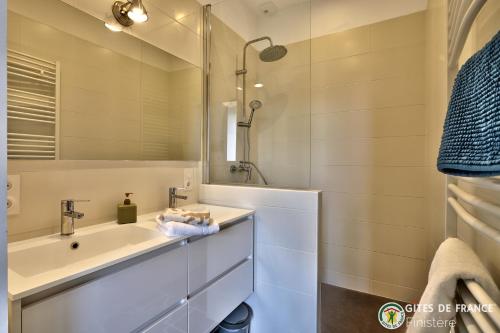 a bathroom with a sink and a mirror at Magnifique demeure à 15 min des plages 12 adultes in Saint-Renan