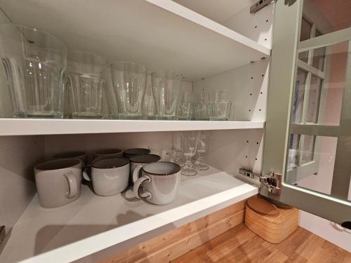 a cupboard filled with glasses and mugs at LasoNarium in Kretowiny